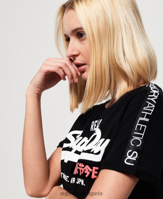 Superdry облекло N00H2866 черен Жени ретро тениска с лента за ръкави с лого