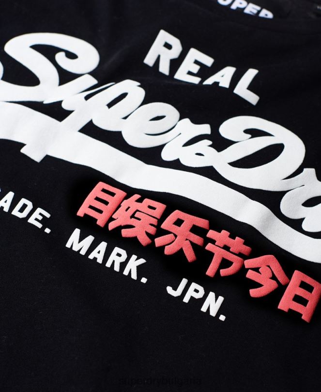 Superdry облекло N00H2866 черен Жени ретро тениска с лента за ръкави с лого