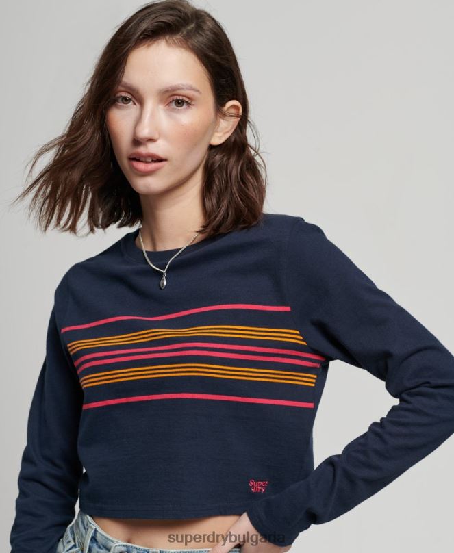 Superdry облекло N00H2970 военноморски флот Жени Горнище с дълъг ръкав с ретро райе от органичен памук
