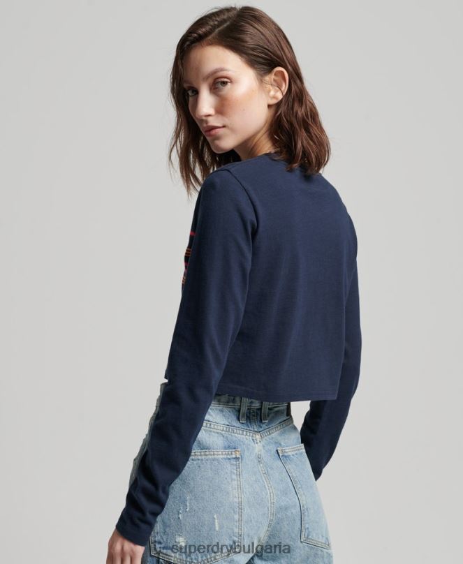 Superdry облекло N00H2970 военноморски флот Жени Горнище с дълъг ръкав с ретро райе от органичен памук