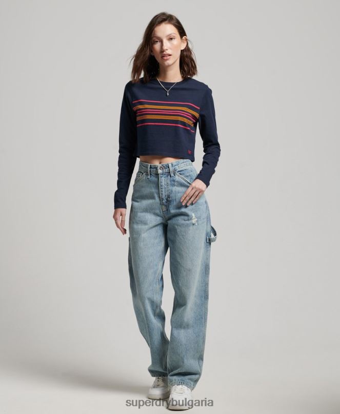 Superdry облекло N00H2970 военноморски флот Жени Горнище с дълъг ръкав с ретро райе от органичен памук