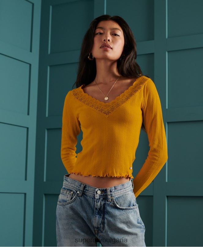 Superdry облекло N00H3034 жълто Жени дантелена горна част с дълги ръкави