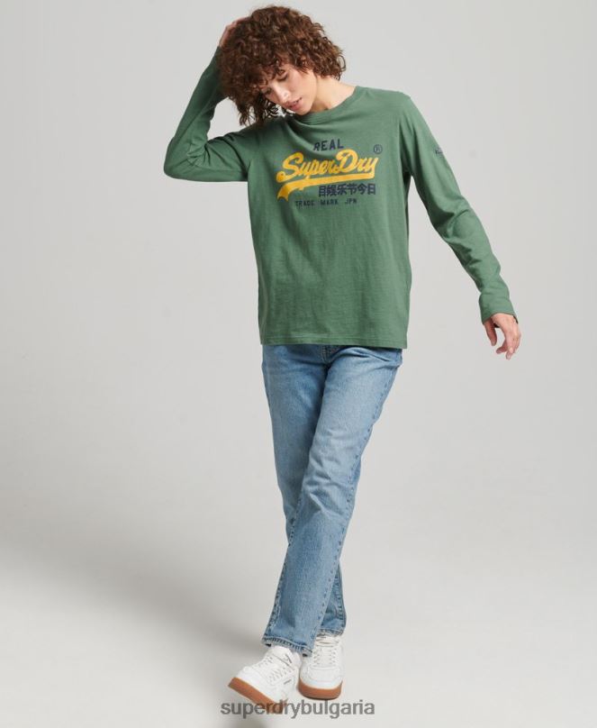 Superdry облекло N00H3045 зелено Жени горнище с дълъг ръкав с ретро лого и наследство