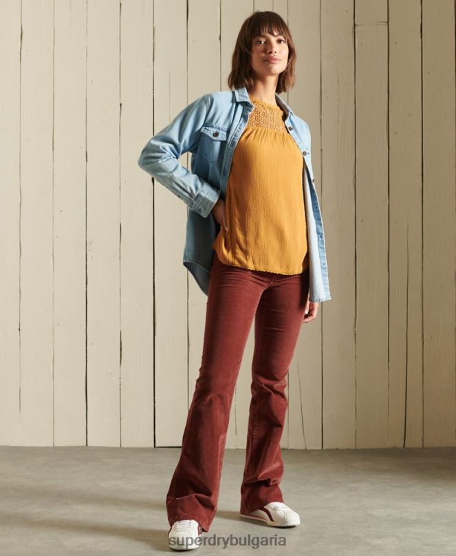 Superdry облекло N00H3057 жълто Жени горна част от тъкана дантела с дълъг ръкав