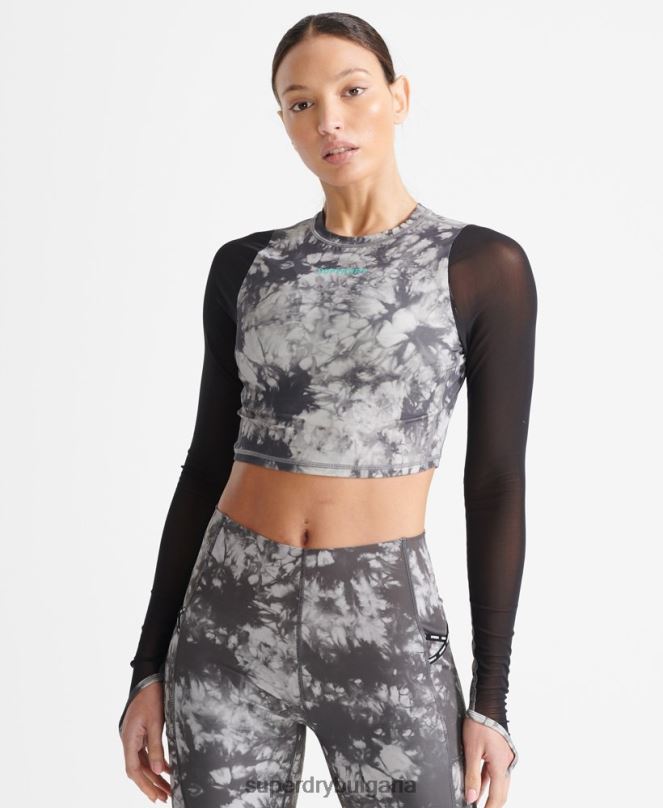 Superdry облекло N00H4205 сиво Жени мрежесто скъсено горнище с дълъг ръкав
