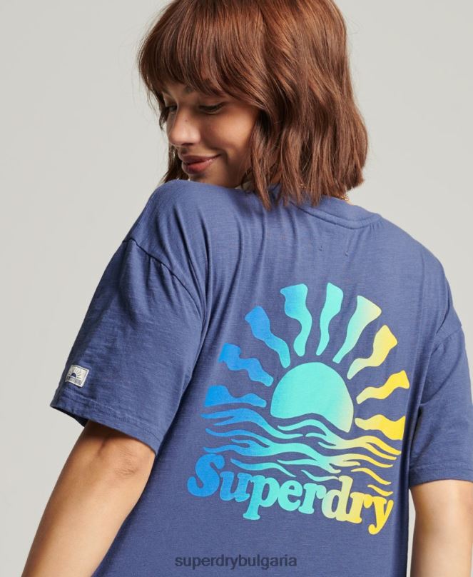 Superdry облекло N00H6184 син Жени ретро тениска с кали райе