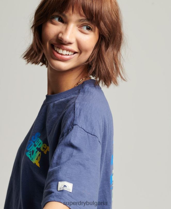 Superdry облекло N00H6184 син Жени ретро тениска с кали райе