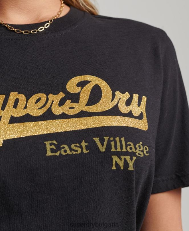 Superdry облекло N00H6185 черен Жени тениска с украсено графично лого