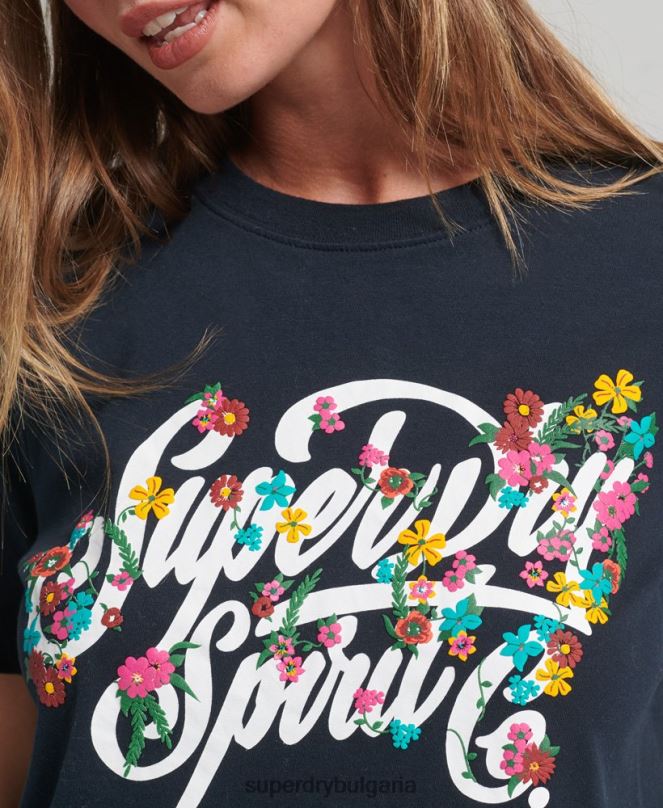 Superdry облекло N00H6187 военноморски флот Жени тениска с цветя в стил скрипт