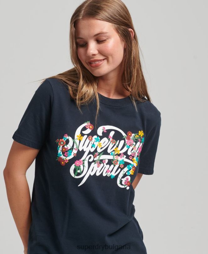 Superdry облекло N00H6187 военноморски флот Жени тениска с цветя в стил скрипт