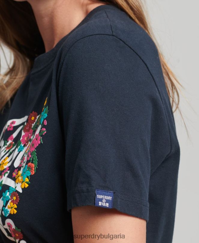 Superdry облекло N00H6187 военноморски флот Жени тениска с цветя в стил скрипт