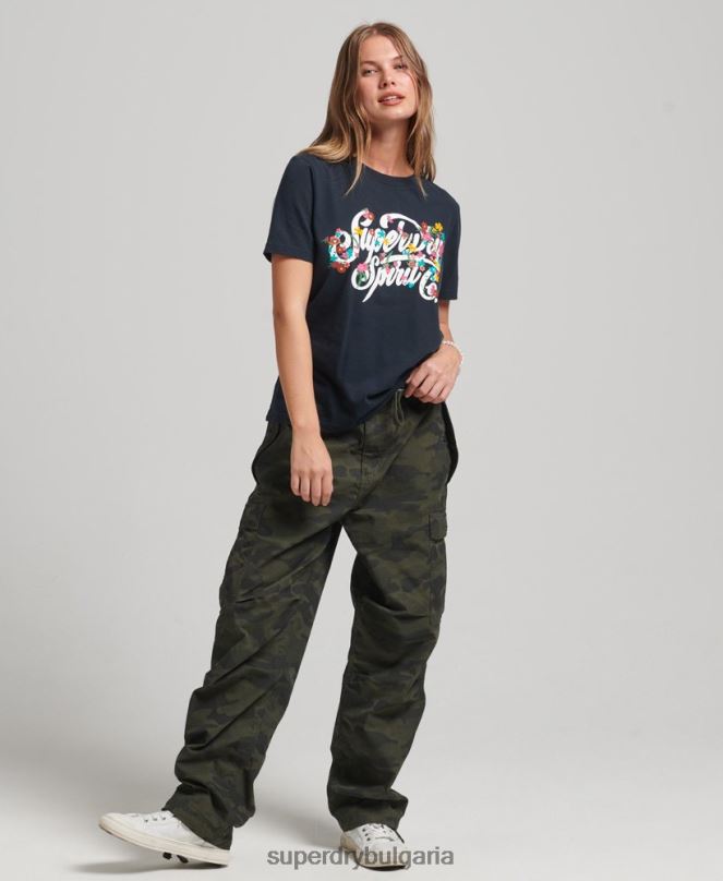 Superdry облекло N00H6187 военноморски флот Жени тениска с цветя в стил скрипт