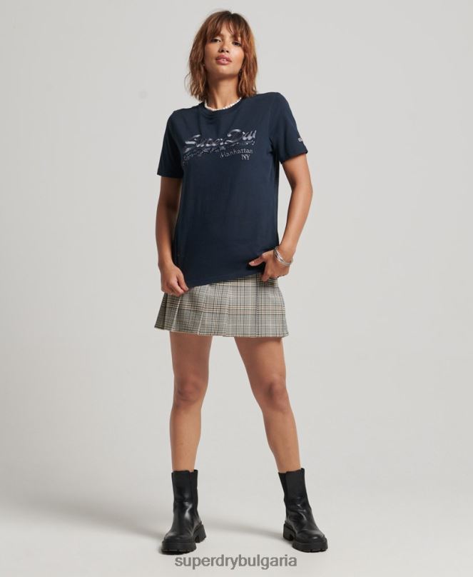 Superdry облекло N00H6203 военноморски флот Жени тениска с украсено графично лого