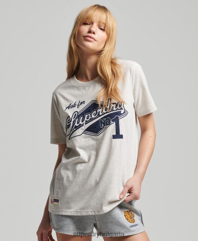 Superdry облекло N00H6212 сметана Жени колежанска тениска в винтидж стил