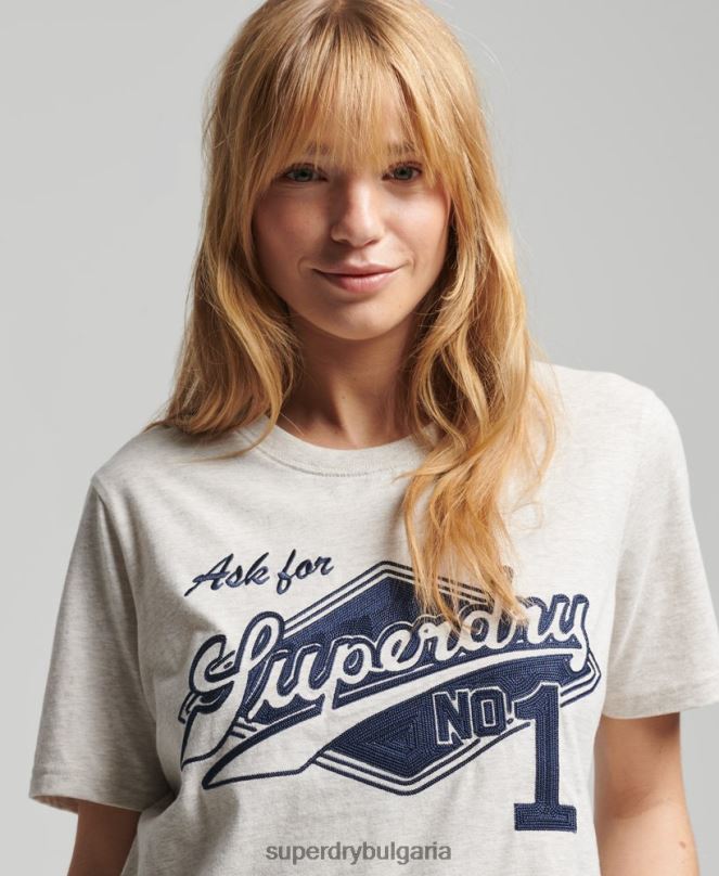 Superdry облекло N00H6212 сметана Жени колежанска тениска в винтидж стил