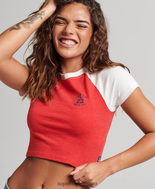 Superdry облекло N00H6214 червен Жени изрязана тениска с графика на колежа