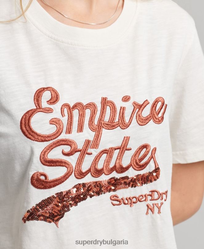 Superdry облекло N00H6223 сметана Жени тениска с украсено графично лого