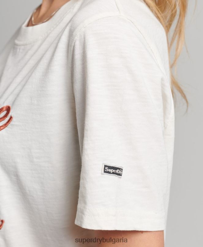 Superdry облекло N00H6223 сметана Жени тениска с украсено графично лого