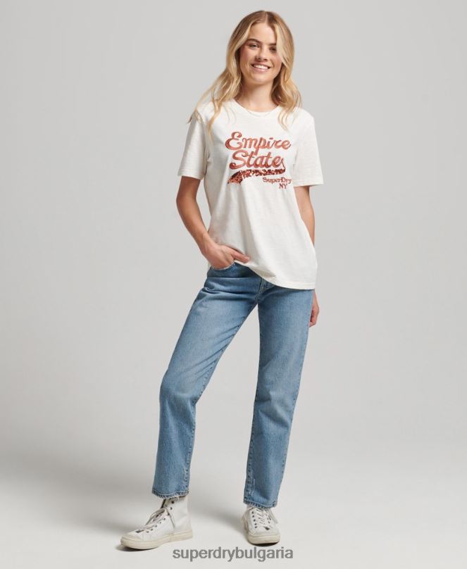 Superdry облекло N00H6223 сметана Жени тениска с украсено графично лого