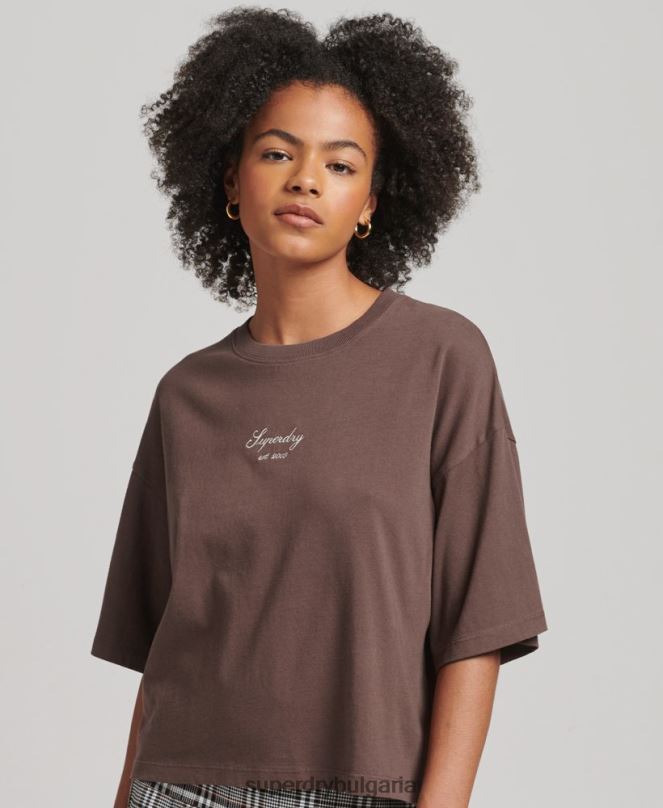 Superdry облекло N00H6229 кафяво Жени наследствена бродирана тениска с кутии