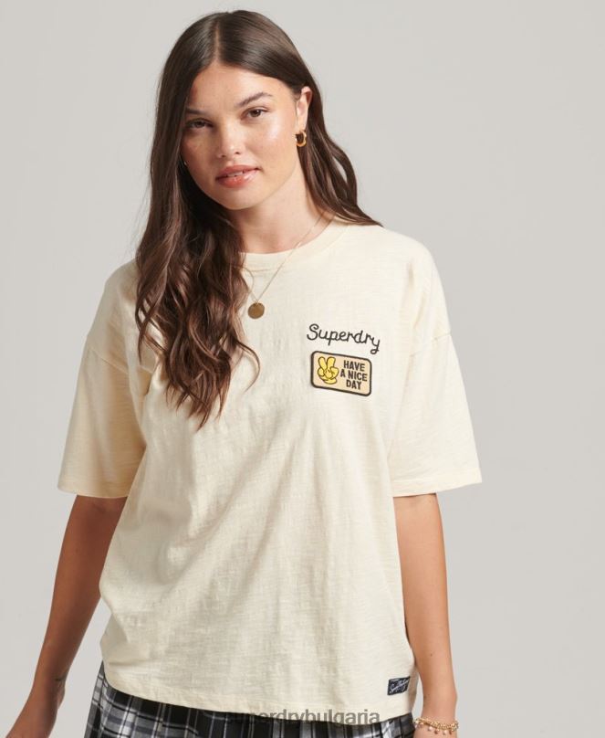 Superdry облекло N00H6230 сметана Жени Свободна тениска с лого на 90-те