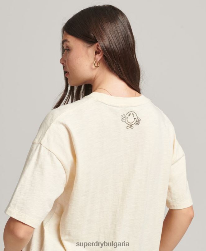 Superdry облекло N00H6230 сметана Жени Свободна тениска с лого на 90-те