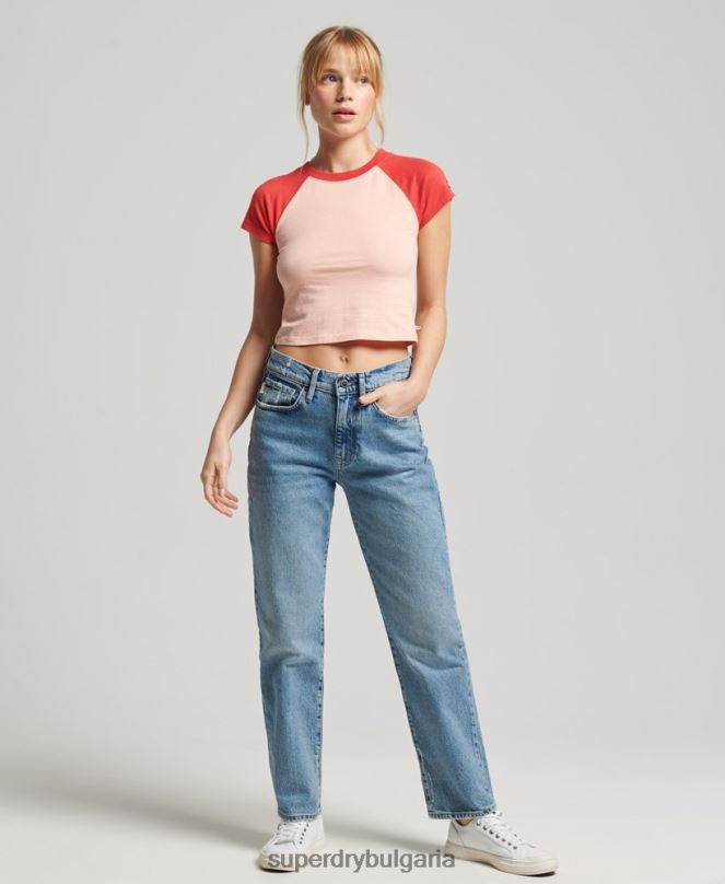 Superdry облекло N00H6232 розово Жени ретро бейзболна малка тениска от органичен памук