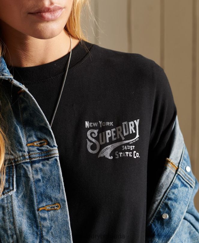 Superdry облекло N00H6275 черен Жени тениска с работно облекло в стил скрипт