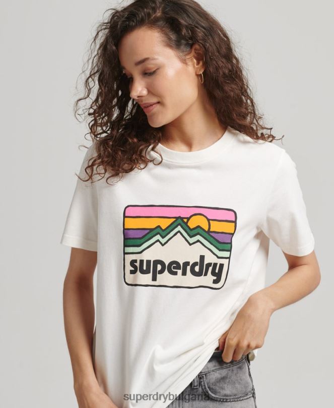 Superdry облекло N00H6276 бяло Жени Тениска с теренна графика от 90-те