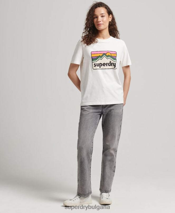 Superdry облекло N00H6276 бяло Жени Тениска с теренна графика от 90-те
