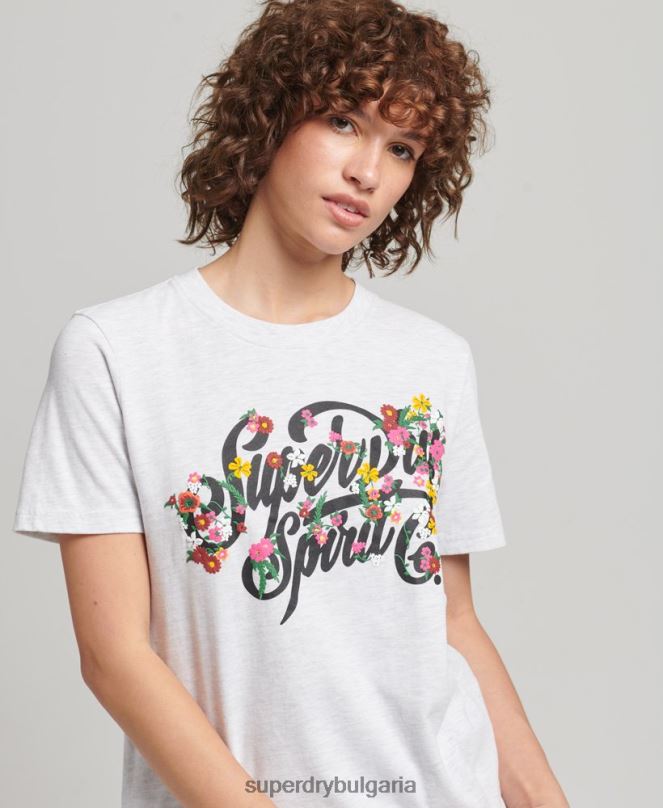 Superdry облекло N00H6277 светло сив Жени тениска с цветя в стил скрипт