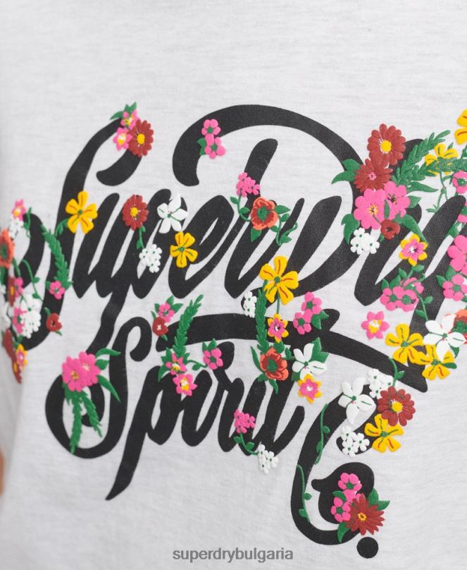Superdry облекло N00H6277 светло сив Жени тениска с цветя в стил скрипт