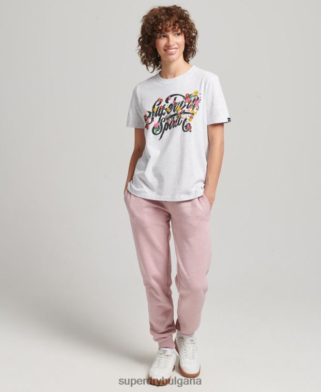 Superdry облекло N00H6277 светло сив Жени тениска с цветя в стил скрипт