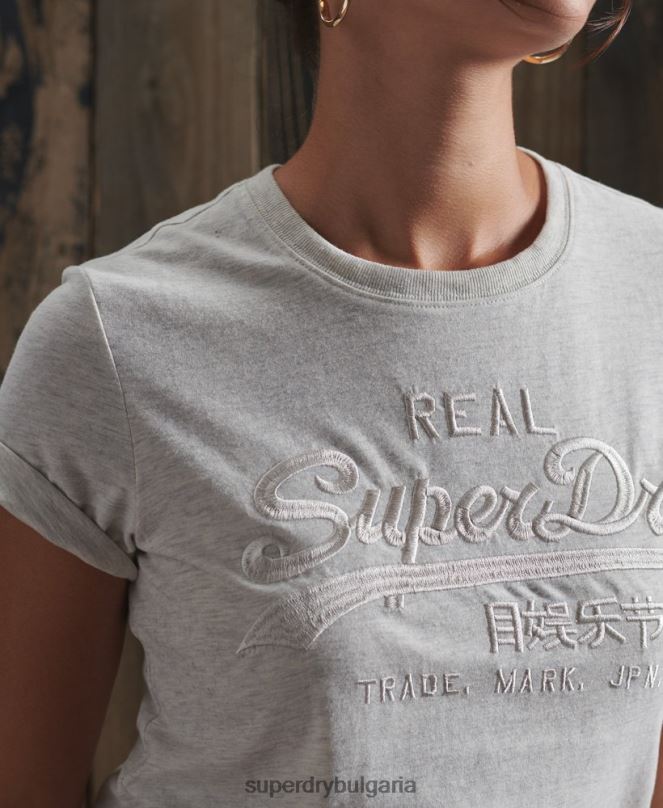 Superdry облекло N00H6305 светло сив Жени бродирана тениска в тон с ретро лого