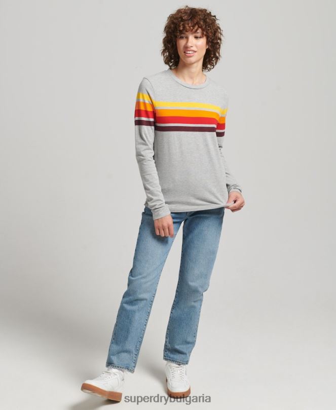 Superdry облекло N00H6540 светло сив Жени горнище с дълги ръкави от органичен памук cali stripe 2.0