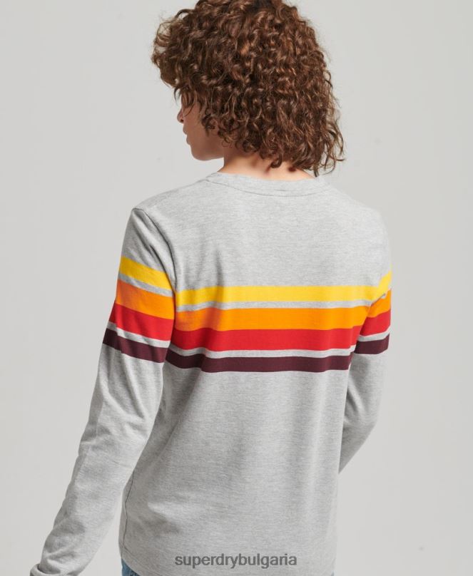 Superdry облекло N00H6540 светло сив Жени горнище с дълги ръкави от органичен памук cali stripe 2.0