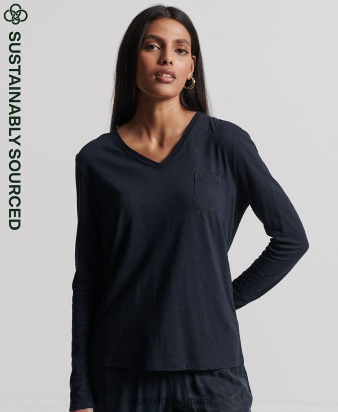 Superdry облекло N00H6547 военноморски флот Жени органичен памук с дълъг ръкав и v-образно деколте