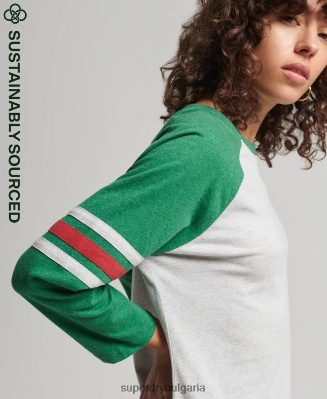 Superdry облекло N00H6555 зелено Жени Винтидж бейзболно горнище с половин ръкав от органичен памук