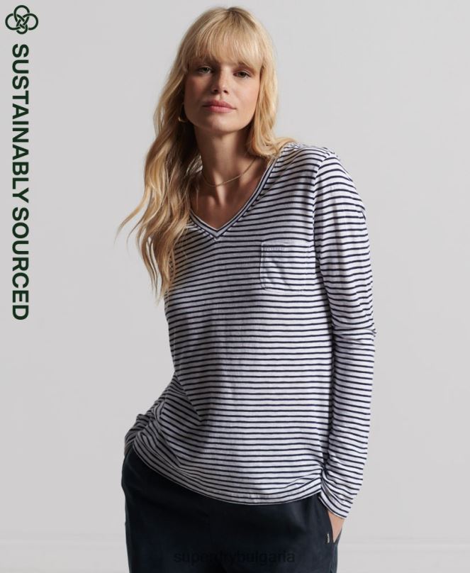Superdry облекло N00H6570 военноморски флот Жени органичен памук с дълъг ръкав и v-образно деколте