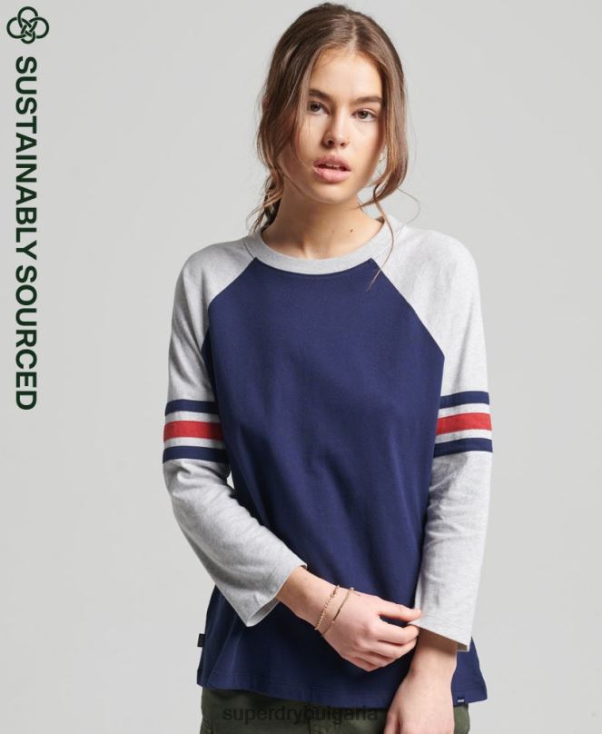 Superdry облекло N00H6575 военноморски флот Жени Винтидж бейзболно горнище с половин ръкав от органичен памук