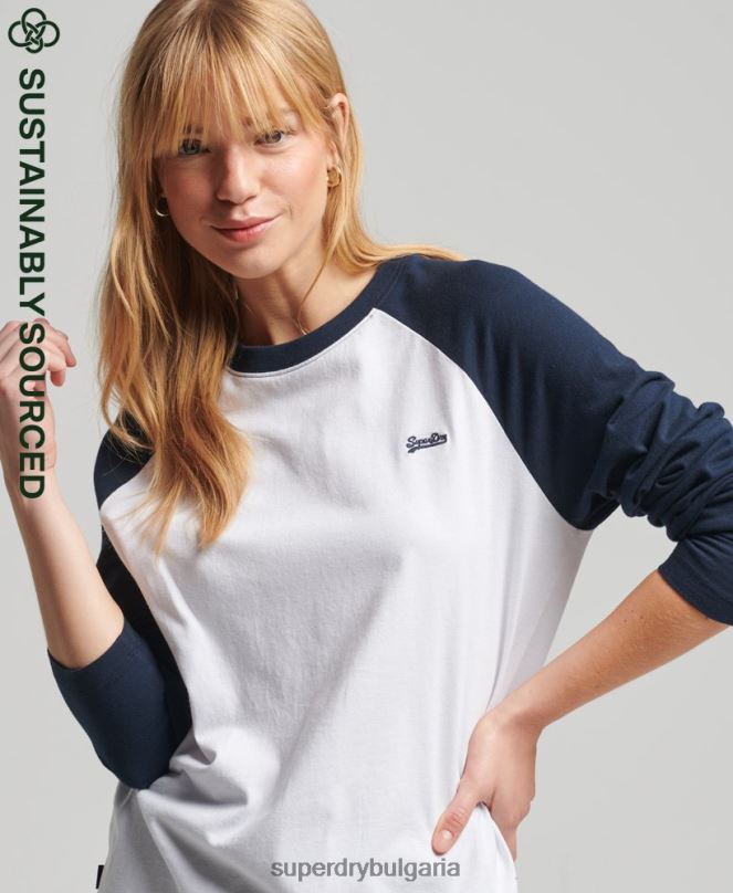 Superdry облекло N00H6628 бяло Жени ретро бейзболно горнище с дълъг ръкав от органичен памук