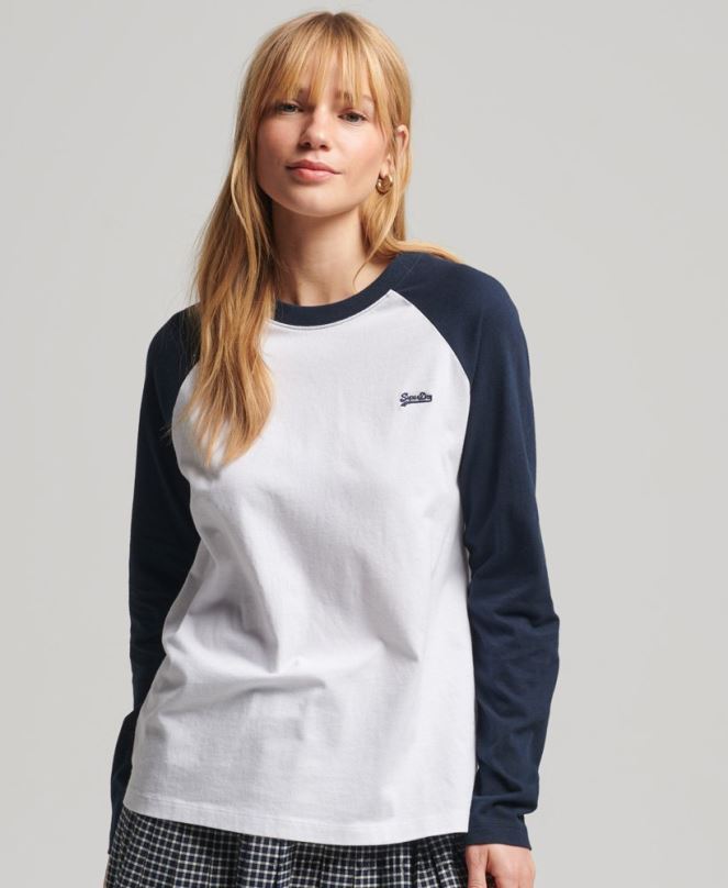 Superdry облекло N00H6628 бяло Жени ретро бейзболно горнище с дълъг ръкав от органичен памук