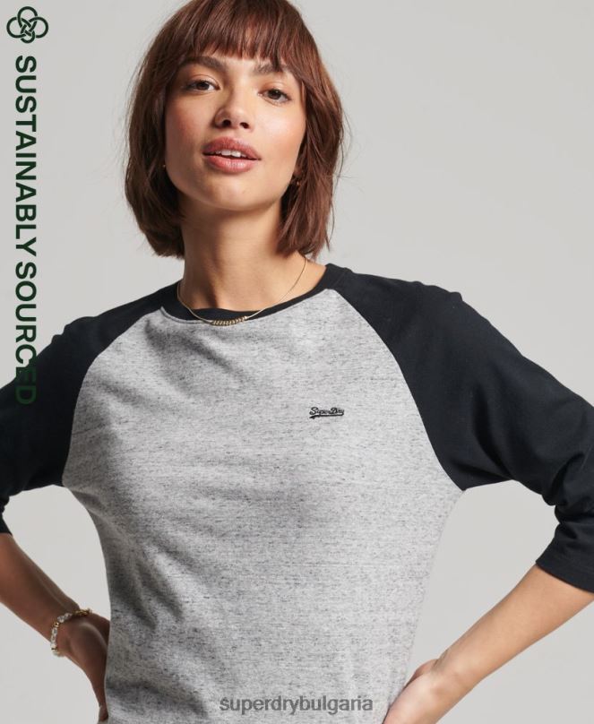 Superdry облекло N00H6643 тъмно сив Жени ретро бейзболно горнище с дълъг ръкав от органичен памук