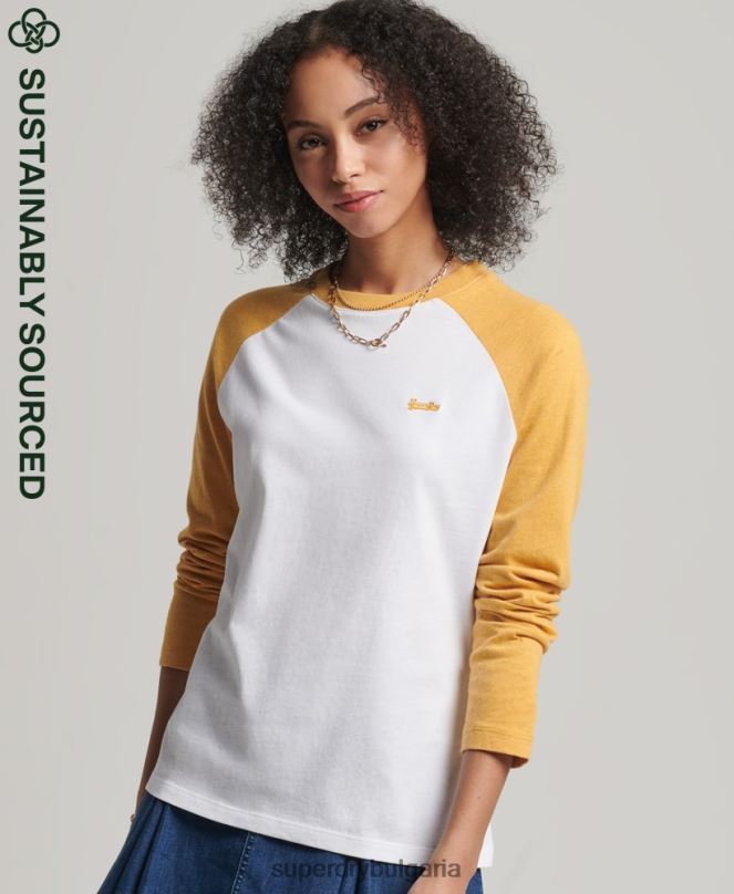 Superdry облекло N00H6654 жълто Жени ретро бейзболно горнище с дълъг ръкав от органичен памук