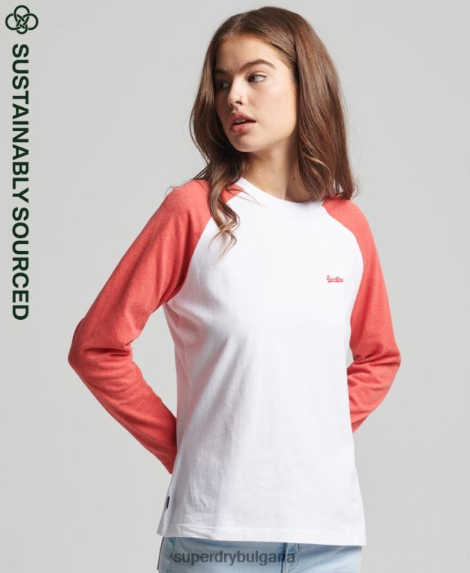 Superdry облекло N00H6658 корал Жени ретро бейзболно горнище с дълъг ръкав от органичен памук