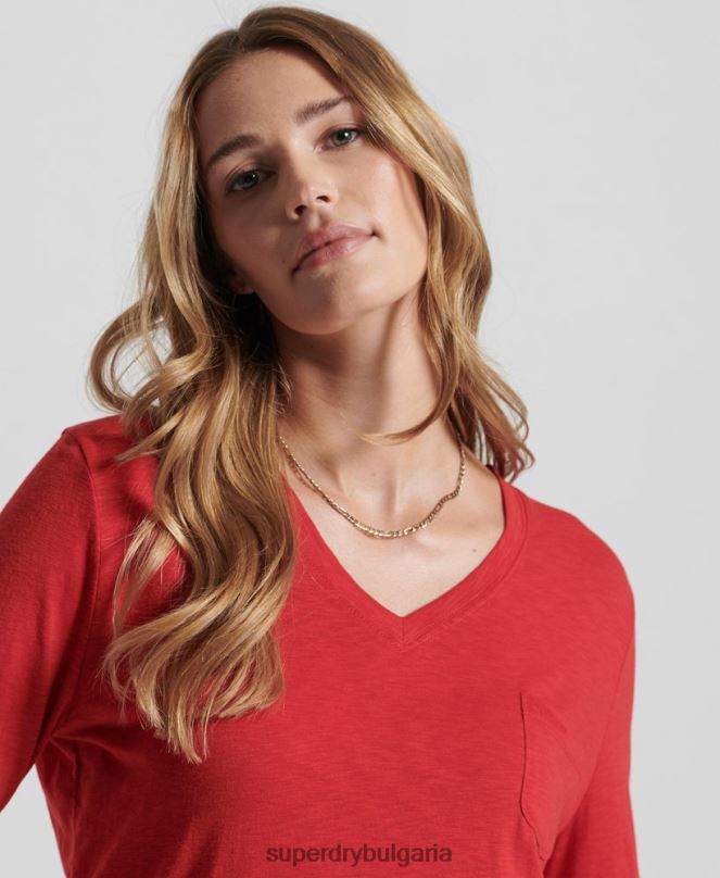Superdry облекло N00H6660 червен Жени органичен памук с дълъг ръкав и v-образно деколте