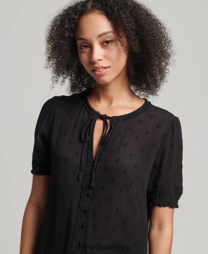 Superdry облекло N00H6696 черен Жени винтидж топ с къс ръкав