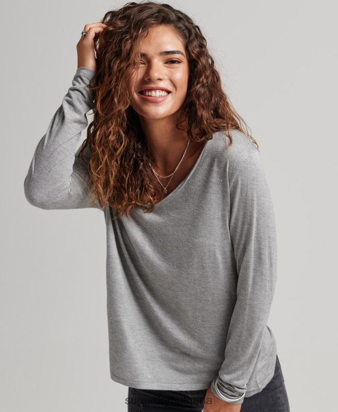Superdry облекло N00H6736 сиво Жени топ с v-образно деколте с дълъг ръкав