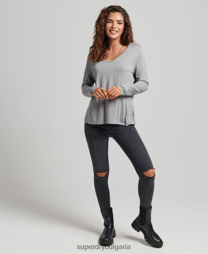Superdry облекло N00H6736 сиво Жени топ с v-образно деколте с дълъг ръкав