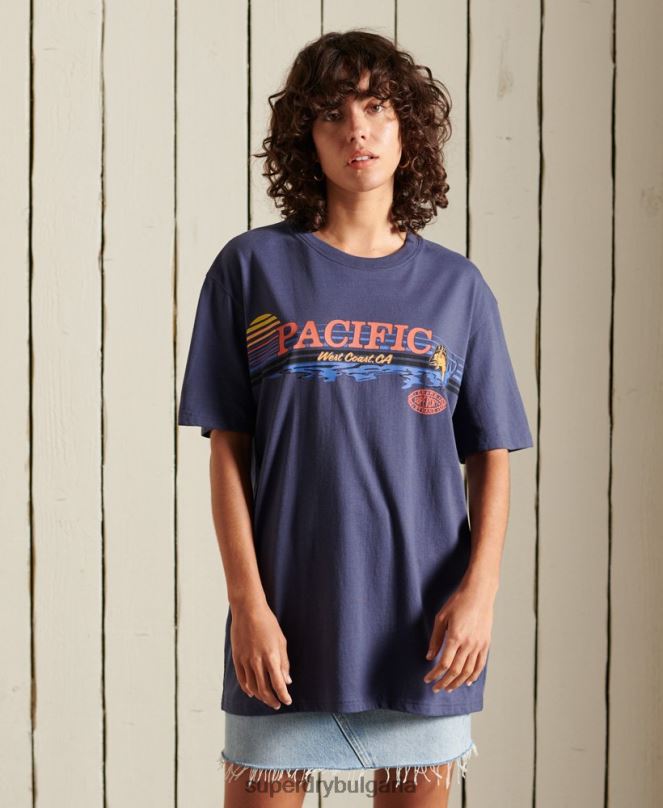 Superdry облекло N00H6761 военноморски флот Жени огромна тениска с гранична графика